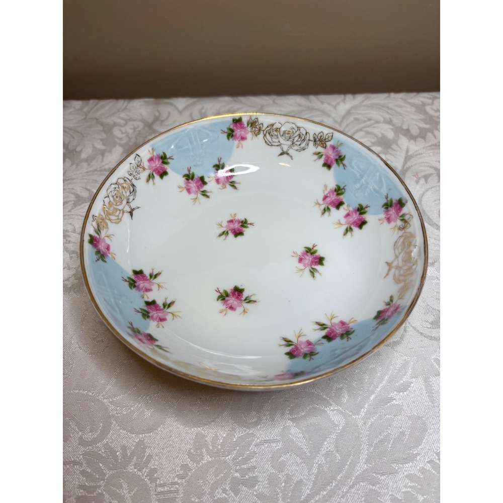 CS Prussia Footed Porcelain Bowl Pink Roses Gold Gilt Blue 5.25in 1890-1918